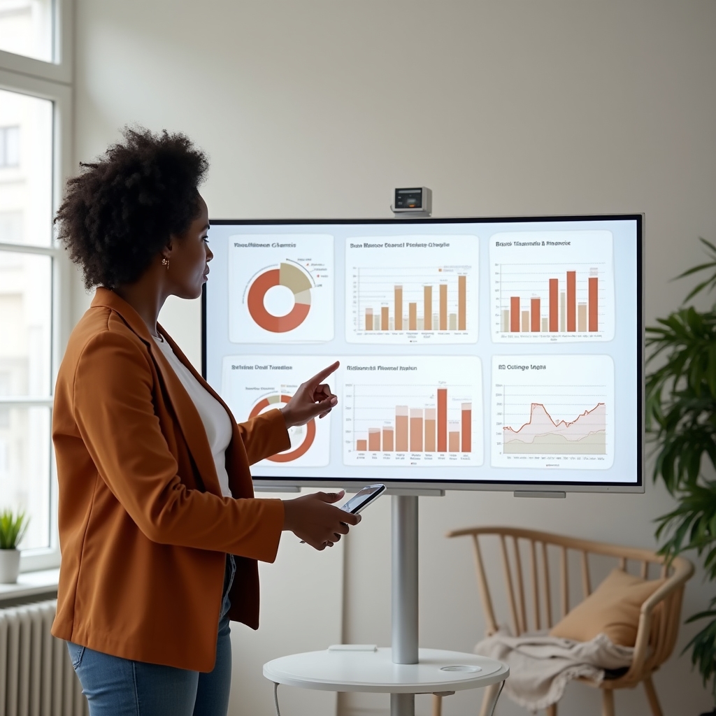 Data visualization dashboard displaying pie charts, bar graphs and financial trend lines in warm tones