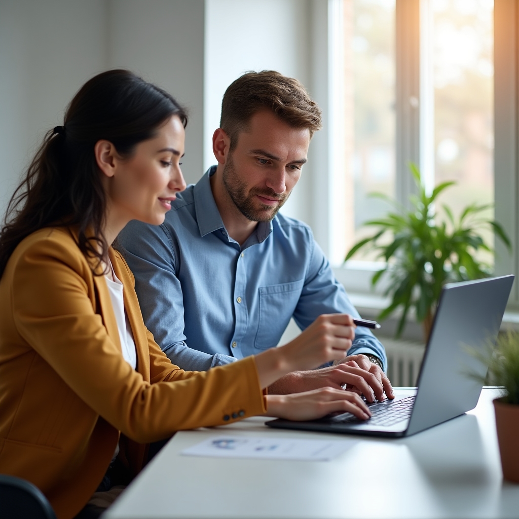 Educational consulting session with a professional explaining financial concepts on a screen to a client in a modern office