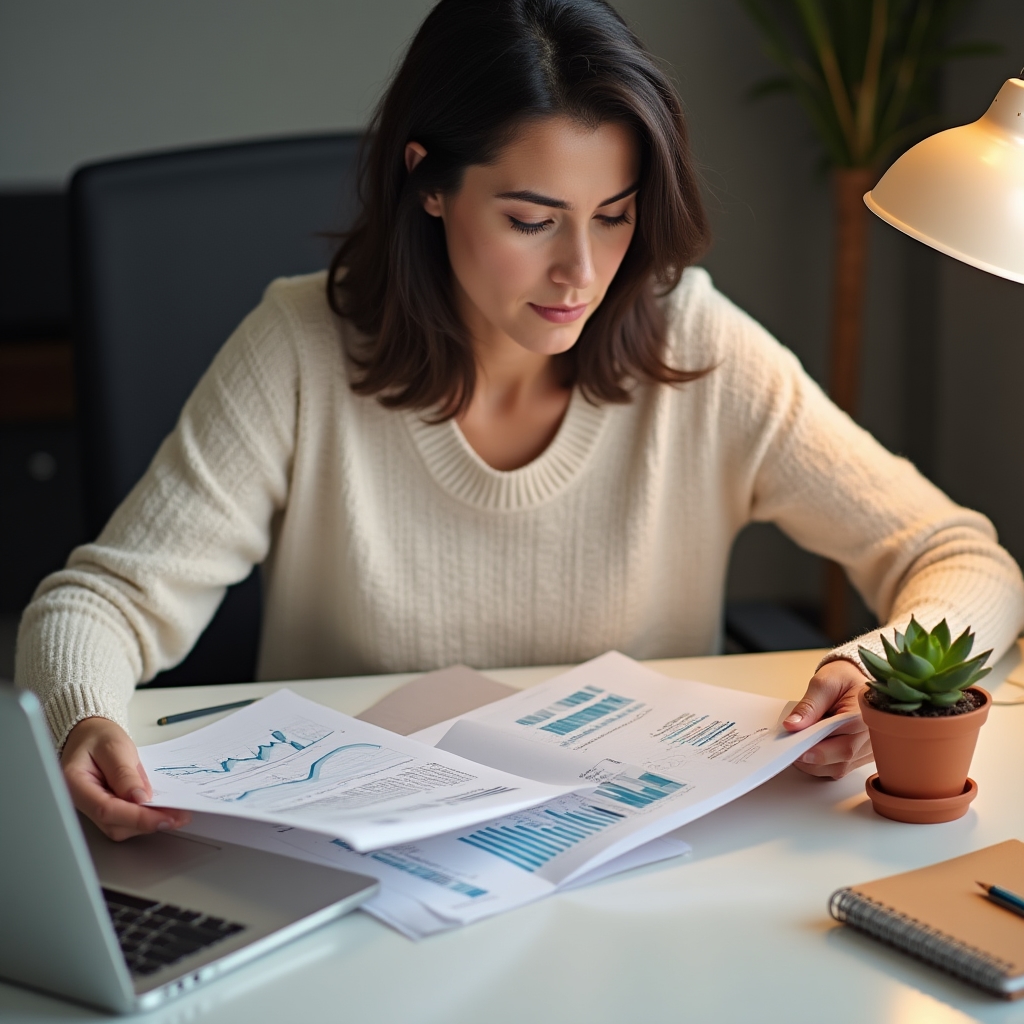 Person reviewing financial documents and charts at a desk, focused expression, warm office lighting