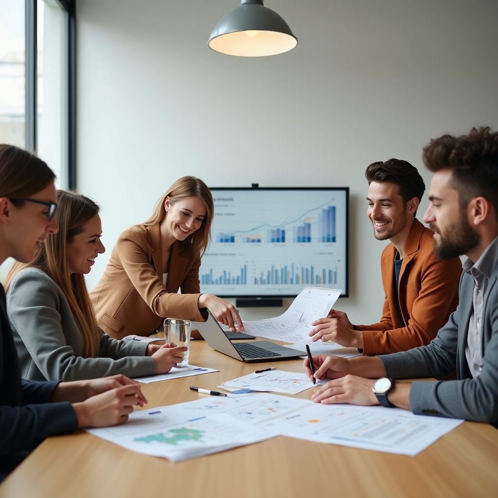 Team collaboration session with professionals gathered around a table reviewing financial planning materials