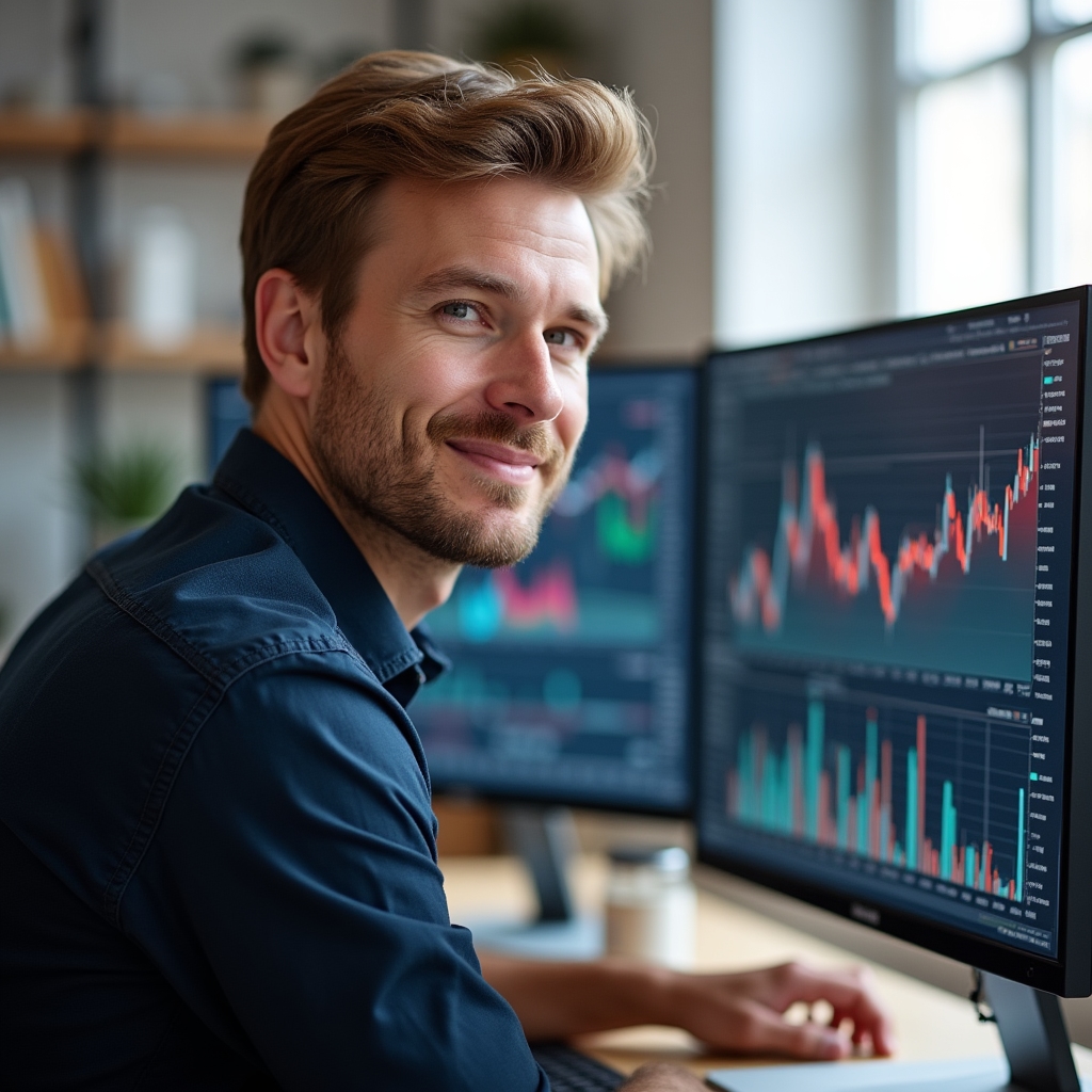 Data visualization specialist, man in his mid-thirties, casual professional style, working on multiple screens with charts