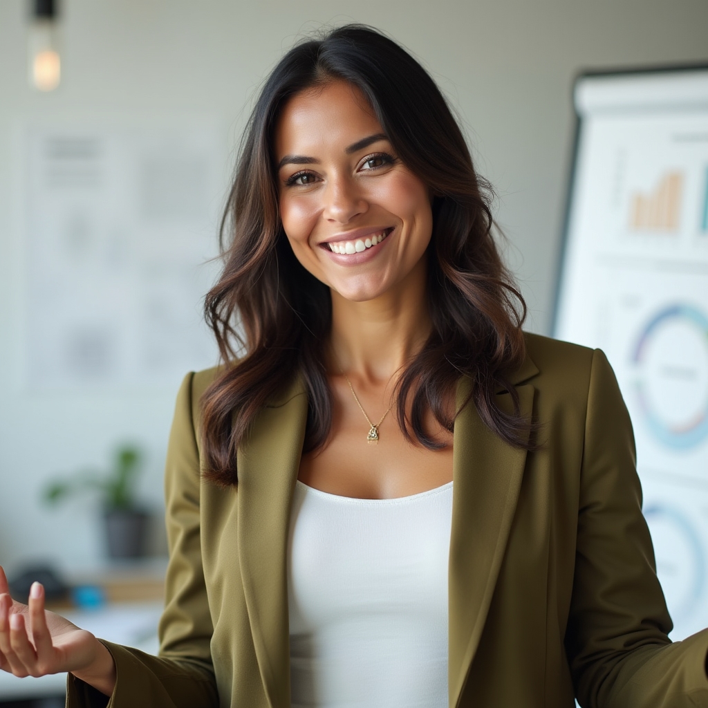 Education consultant in professional setting, smiling, explaining concepts with open gesture