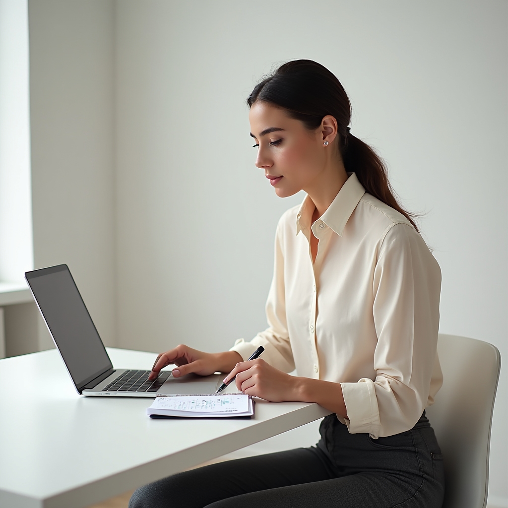 Financial analyst, woman in her early thirties, professional attire, reviewing data on a screen in a bright workspace