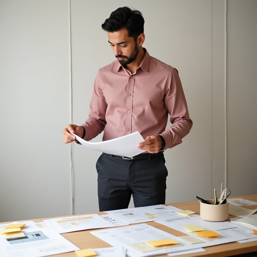 UX designer reviewing interface mockups in a bright studio environment with design materials visible